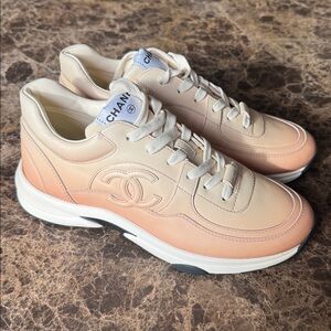 Chanel sneakers trainers flats ombré beige printed calfskin light orange sz 38.5